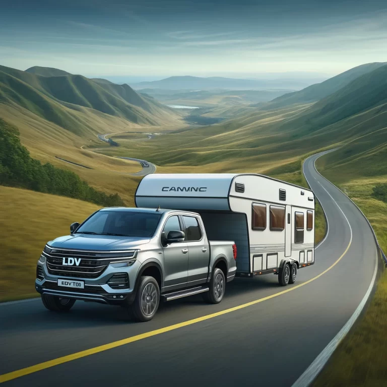 LDV T60 towing a caravan on a scenic road, demonstrating increased towing capacity after performance tuning
