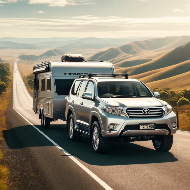 2007 Toyota Prado towing a caravan along a picturesque open road with rolling hills and a clear blue sky in the background, showcasing its outdoor adventure capability.