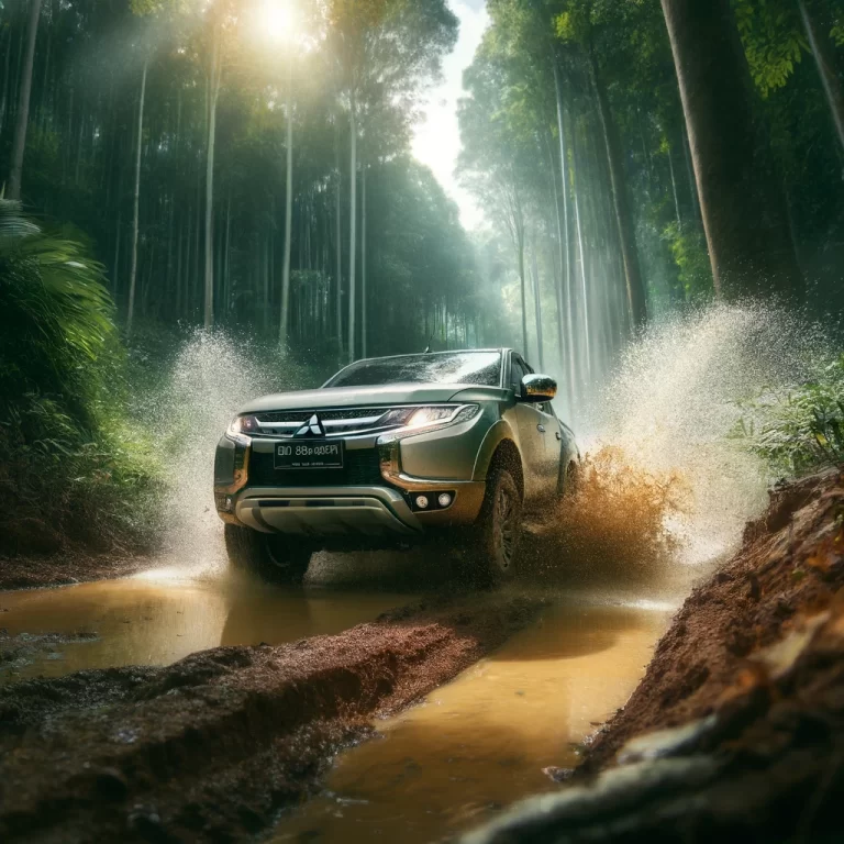 Mitsubishi MR Triton driving through a forest trail with water splashes, emphasizing its dynamic off-road performance and adventure readiness