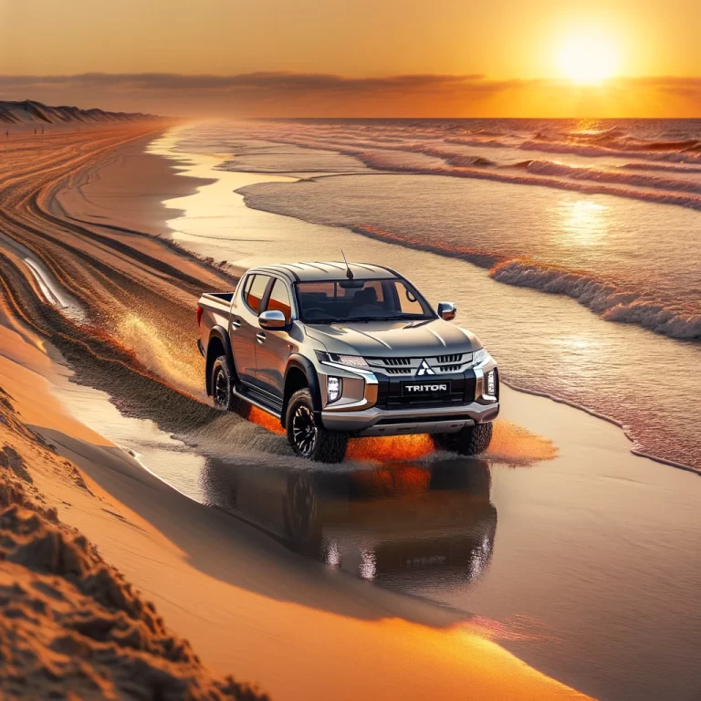 Mitsubishi MQ Triton navigating a sandy beach at sunset, showcasing its versatility and off-road capability in a scenic coastal setting