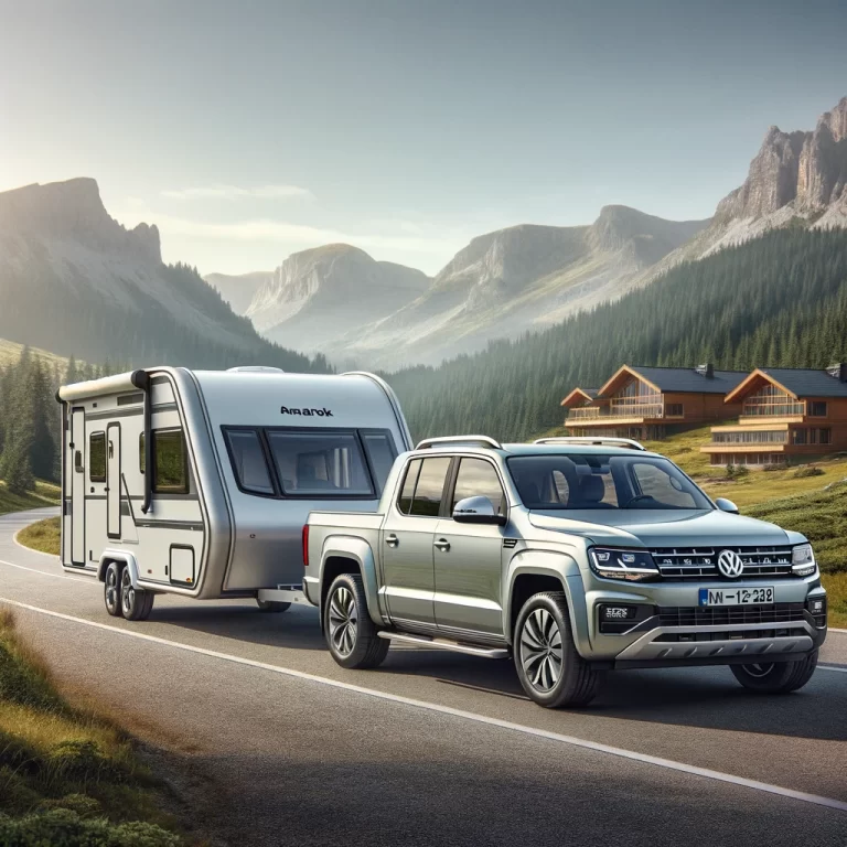 A 2015 Volkswagen Amarok towing a large camper trailer in a scenic outdoor setting. The Amarok is silver, and the camper trailer is white with modern