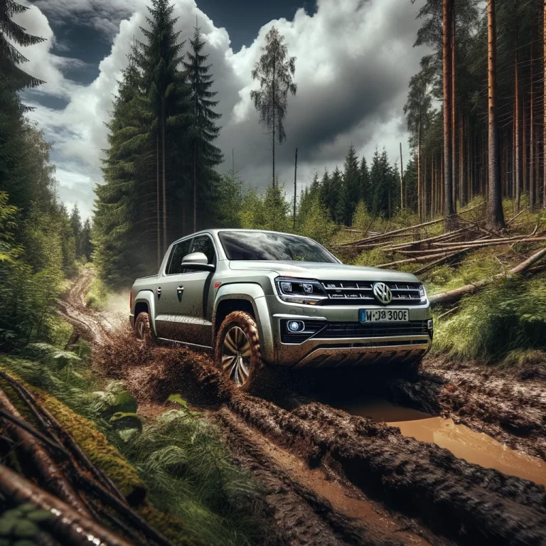 A 2015 Volkswagen Amarok engaged in a rugged off-road adventure. The silver Amarok is shown navigating through a dense forest with a muddy trail, surr