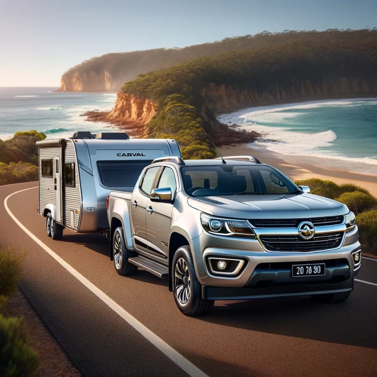 A 2018 Holden Colorado in red, towing a white caravan along a mountain road, showcasing its towing capacity against a backdrop of lush green mountains and clear blue sky.