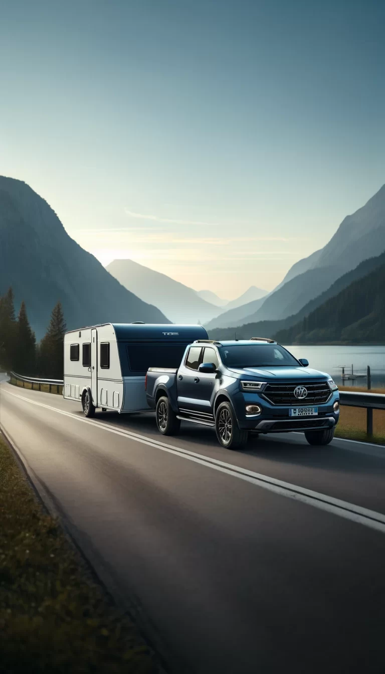 A 2023 LDV T60 pickup truck in dark blue, towing a modern white caravan along a picturesque road. The landscape features mountains and a lake under a serene sunset sky. The truck appears robust and well-equipped for travel, and the caravan showcases a sleek design with large windows, perfect for exploring in comfort.