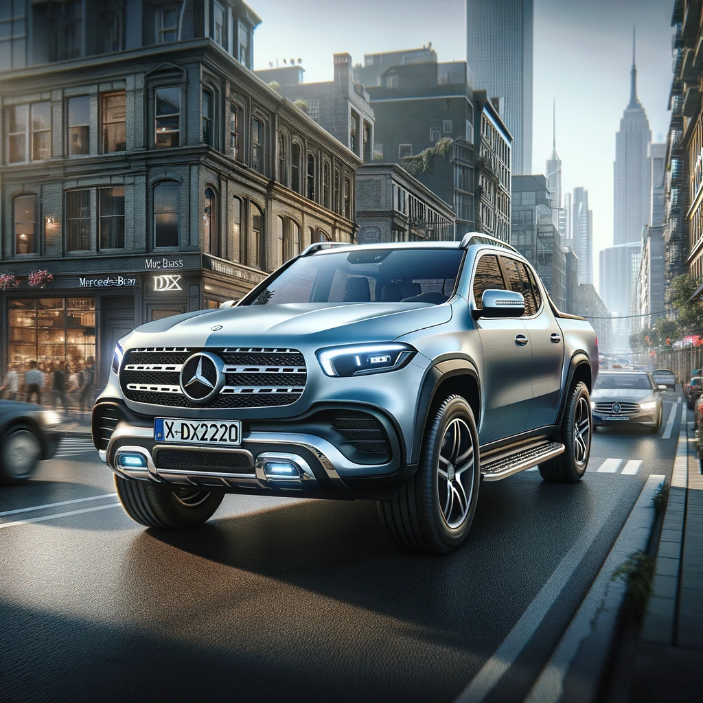 A detailed and realistic image of a Mercedes-Benz X-Class X250d pickup truck driving through an urban setting. The truck is clean and showcases its sleek design, featuring its distinctive front grille, LED headlights, and large wheels with a robust stance. It is navigating through a busy city street with tall buildings, streets, and traffic in the background. The overall scene captures the essence of modern urban life, with a dynamic and vibrant atmosphere.